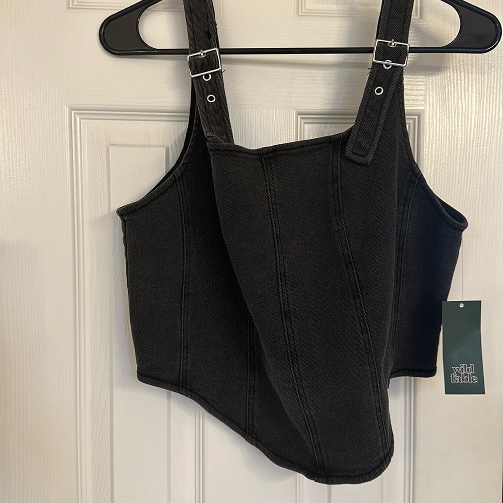 Black denim buckle strap top
